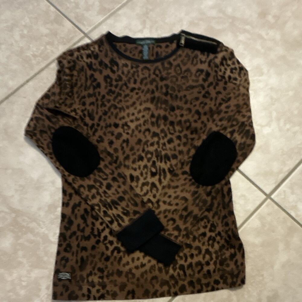 Lauren Jeans Co. Ralph Lauren Womens M Leopard Print Knit Sweater Zip Shoulder